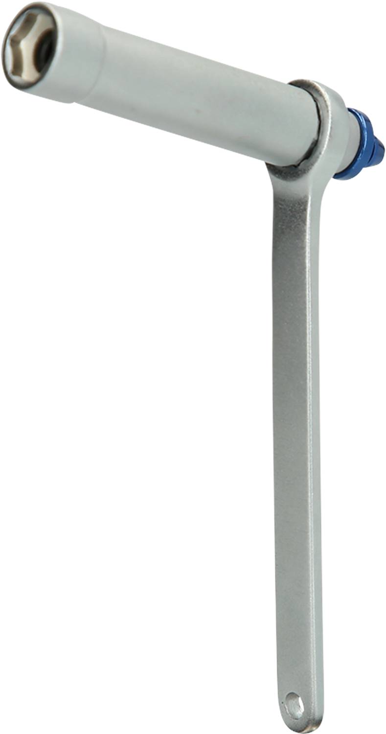 Silver T-bar spanner with blue handle, used for tightening or loosening screws or bolts, commonly found in mechanical applications.