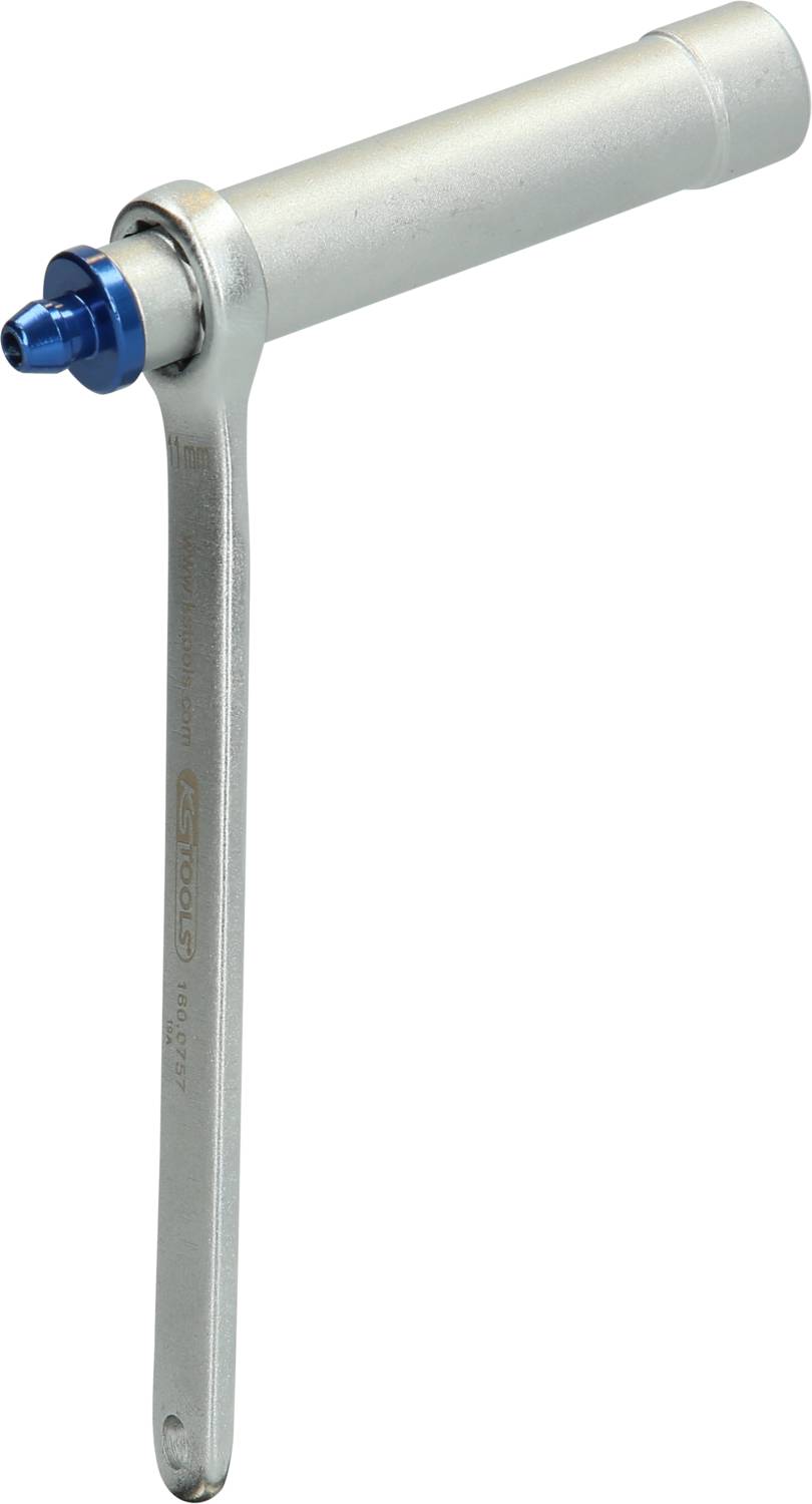 A silver spanner with a long handle and a blue adjustable end.