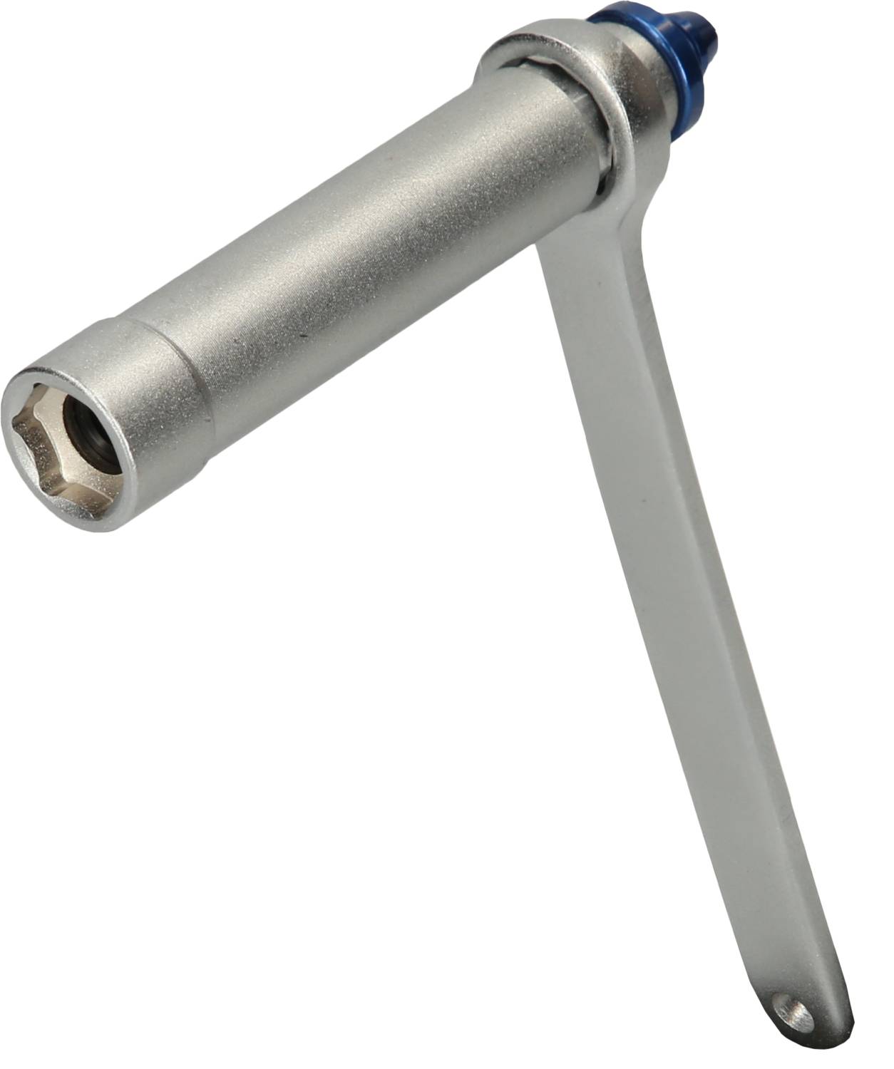 A silver bicycle tool with a lever and hexagonal Allen key, used for tightening or loosening components.