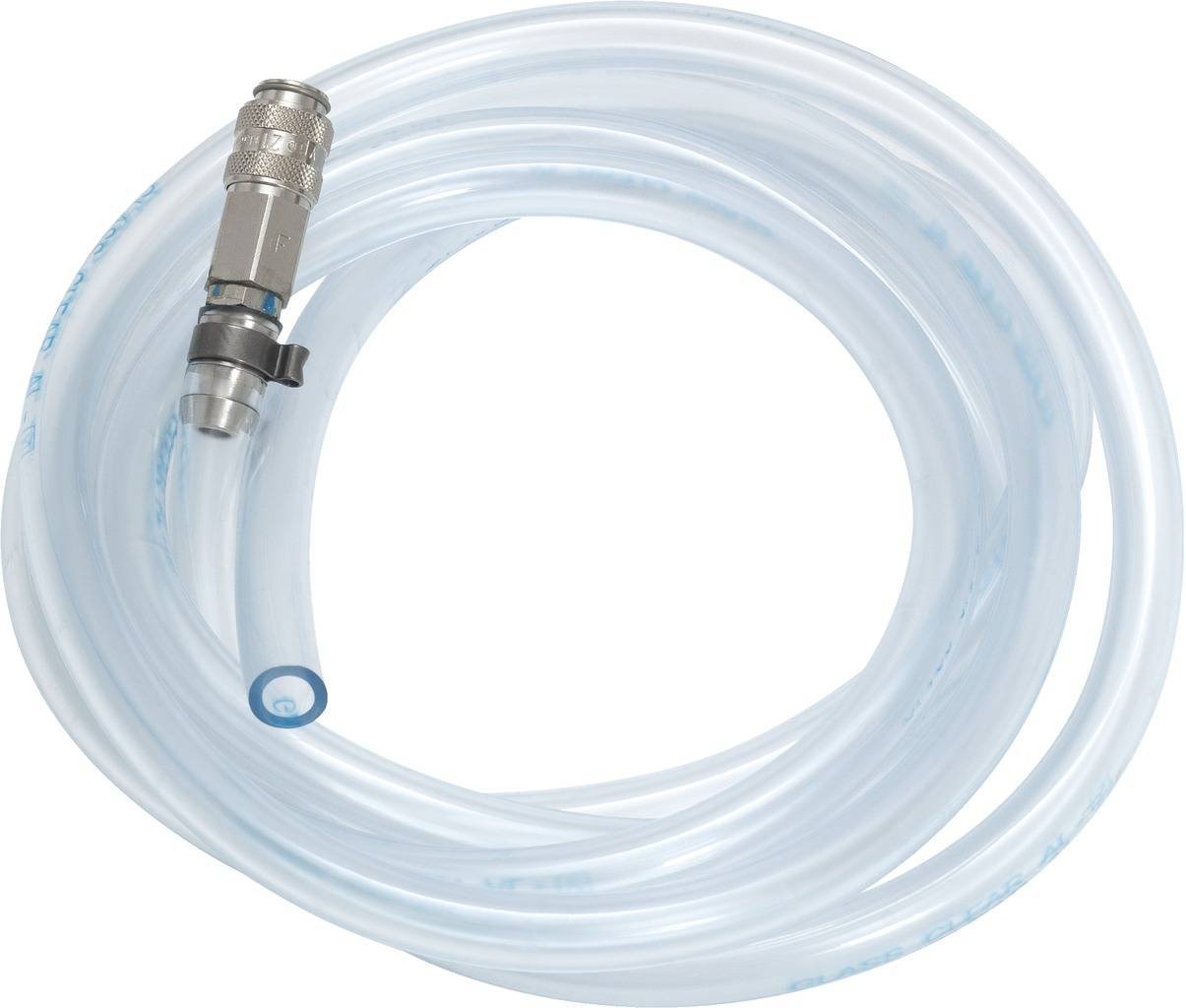 A coiled transparent water hose with a metal connector at one end.