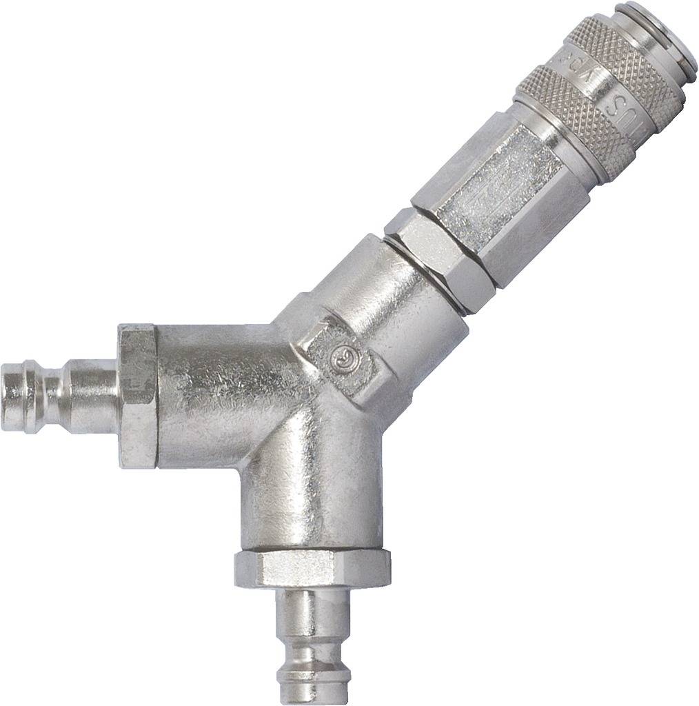 A Y-shaped metal adapter with two connections at the bottom and a threaded connection at the top, which is installed in technical equipment.