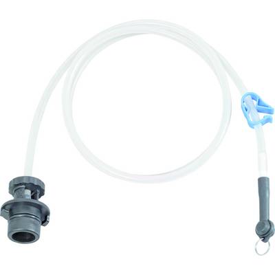A transparent tube with a black connector and blue clamp, used for liquid transfer, on a white background.
