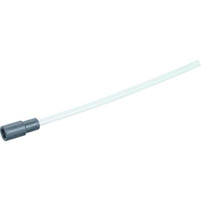 A transparent plastic tube with a black connector at the end, for connection or liquid transport.
