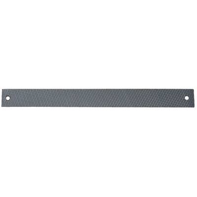Metal file with two holes at the ends, with a ribbed surface for material processing.