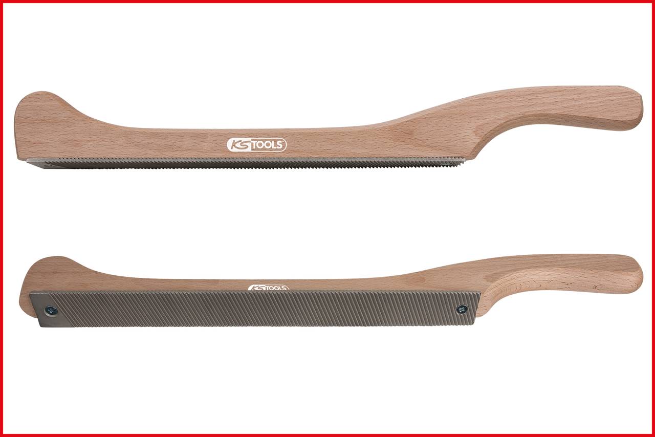 Two wood rasps with an ergonomic handle and fine teeth, suitable for working on wooden surfaces.