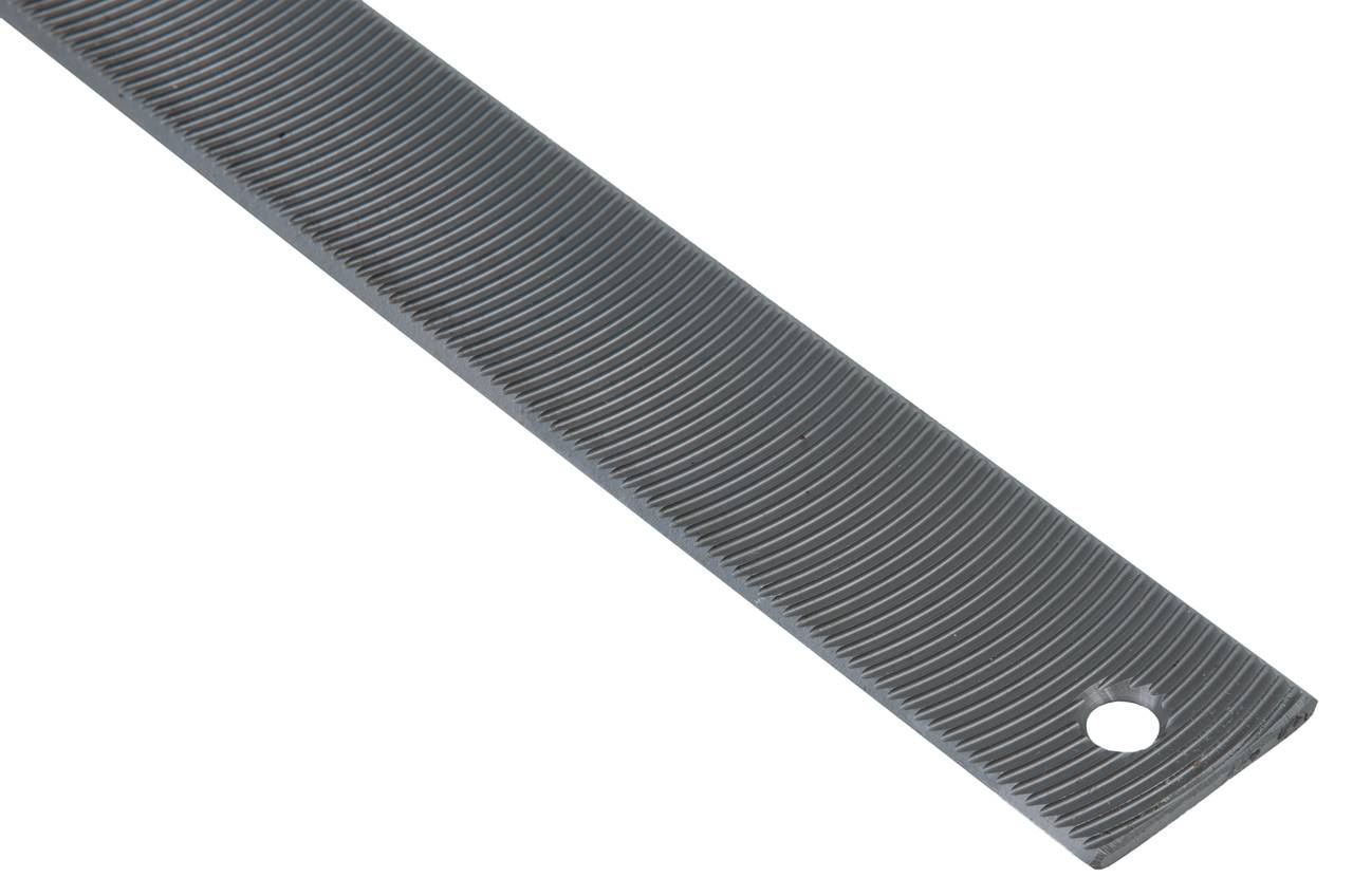 A rectangular metal ruler with fine ridging and a hole at one end, diagonally depicted from bottom left to top right.