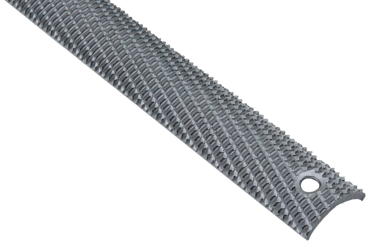 File with a metal surface, used for smoothing materials such as wood or metal. Has a diamond-shaped pattern and a hole at the end.