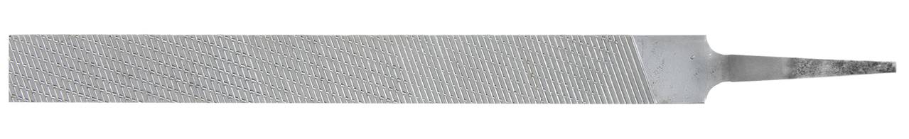 Metal file with a flat, toothed working area and a pointed handle. Suitable for grinding and smoothing metal surfaces.