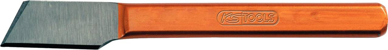 An orange flat chisel with a bevelled cutting edge and the engraving 'KS TOOLS' on the side.