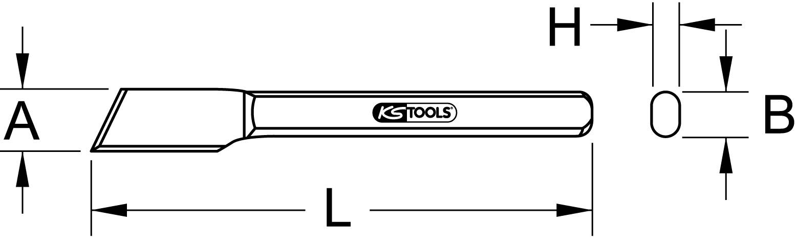 Technical drawing of a chisel by KS Tools with labels for height (A), width (B), length (L), and additional dimensions (H, O).