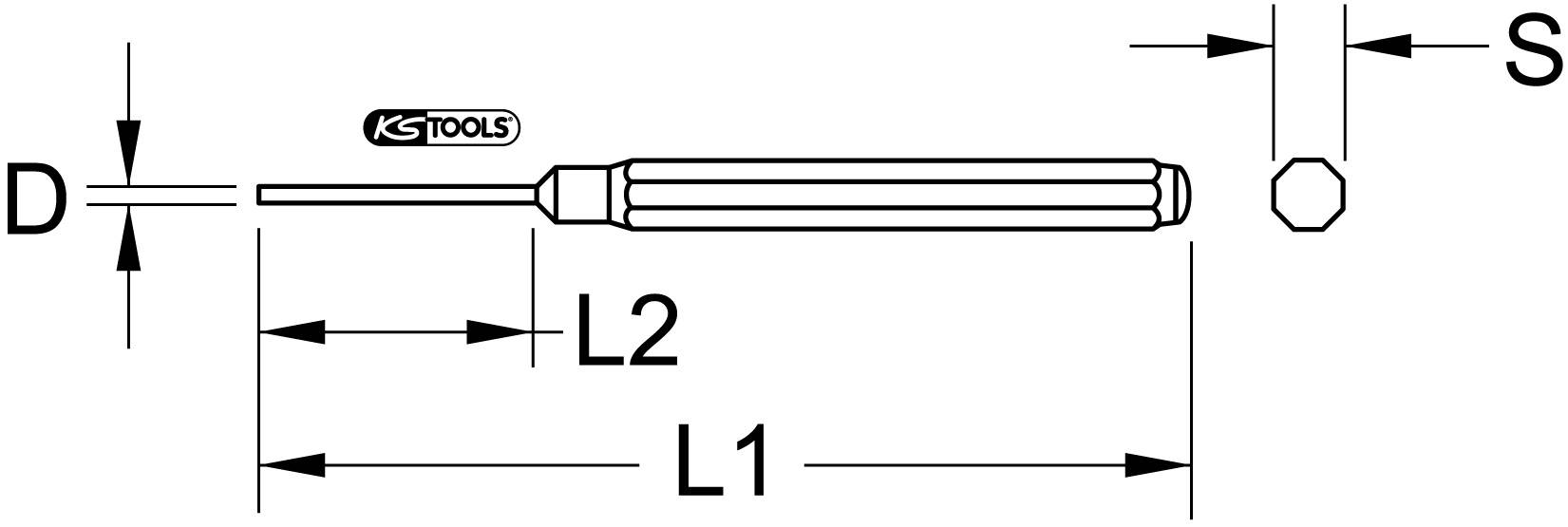 Figure of a tool with the dimensions: diameter (D), shaft length (L2), overall length (L1) and screw head size (S).