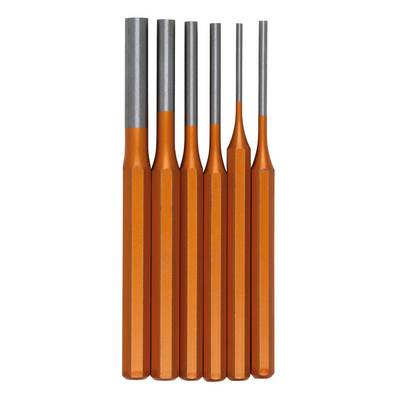Six differently sized and coloured metal percussion instruments are arranged in a row, ordered from left to right by size.