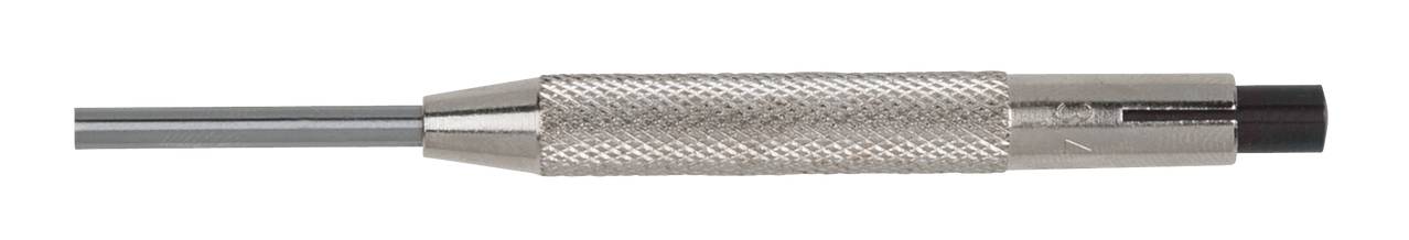 Metal holder with a ribbed grip attached to a pen or tool, silver-coloured with a dark end.