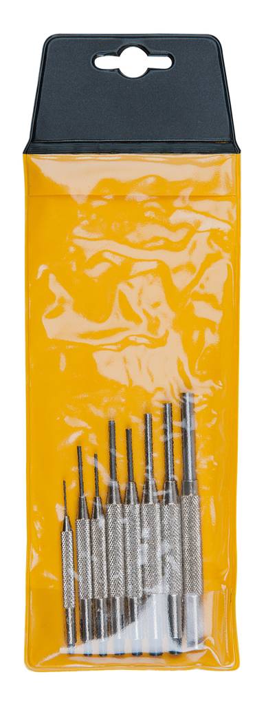 A yellow plastic packaging contains a set of small metal tools with varying tips and handles.