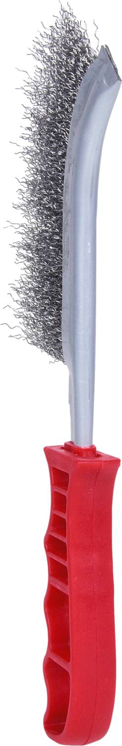 Wire brush with a red plastic handle and curved metal head, primarily suitable for cleaning or removing rust.
