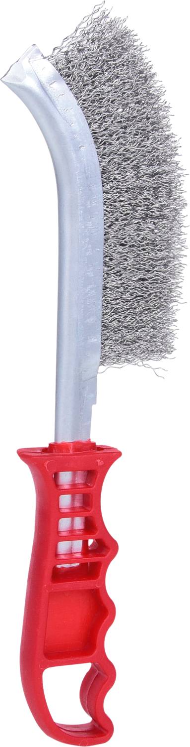 Metal brush with a red plastic handle, curved metal stem, and dense steel wires for cleaning surfaces.