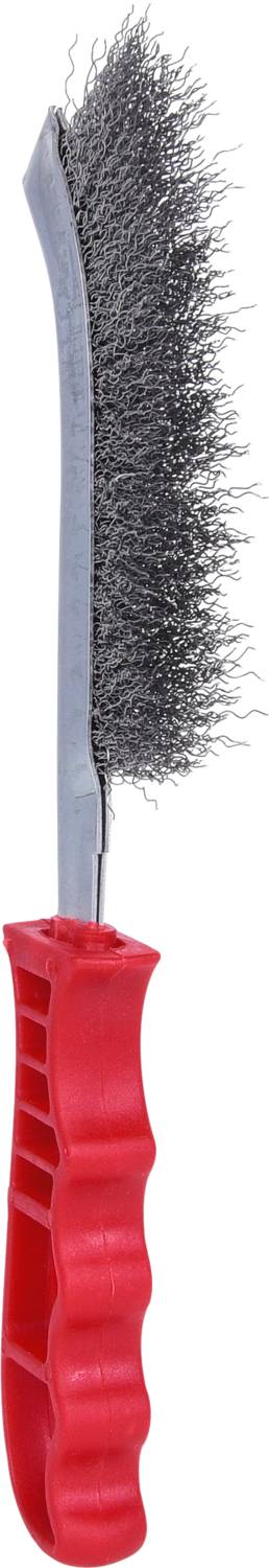 A wire brush with a red handle and curved brush head for cleaning surfaces and removing rust or dirt.