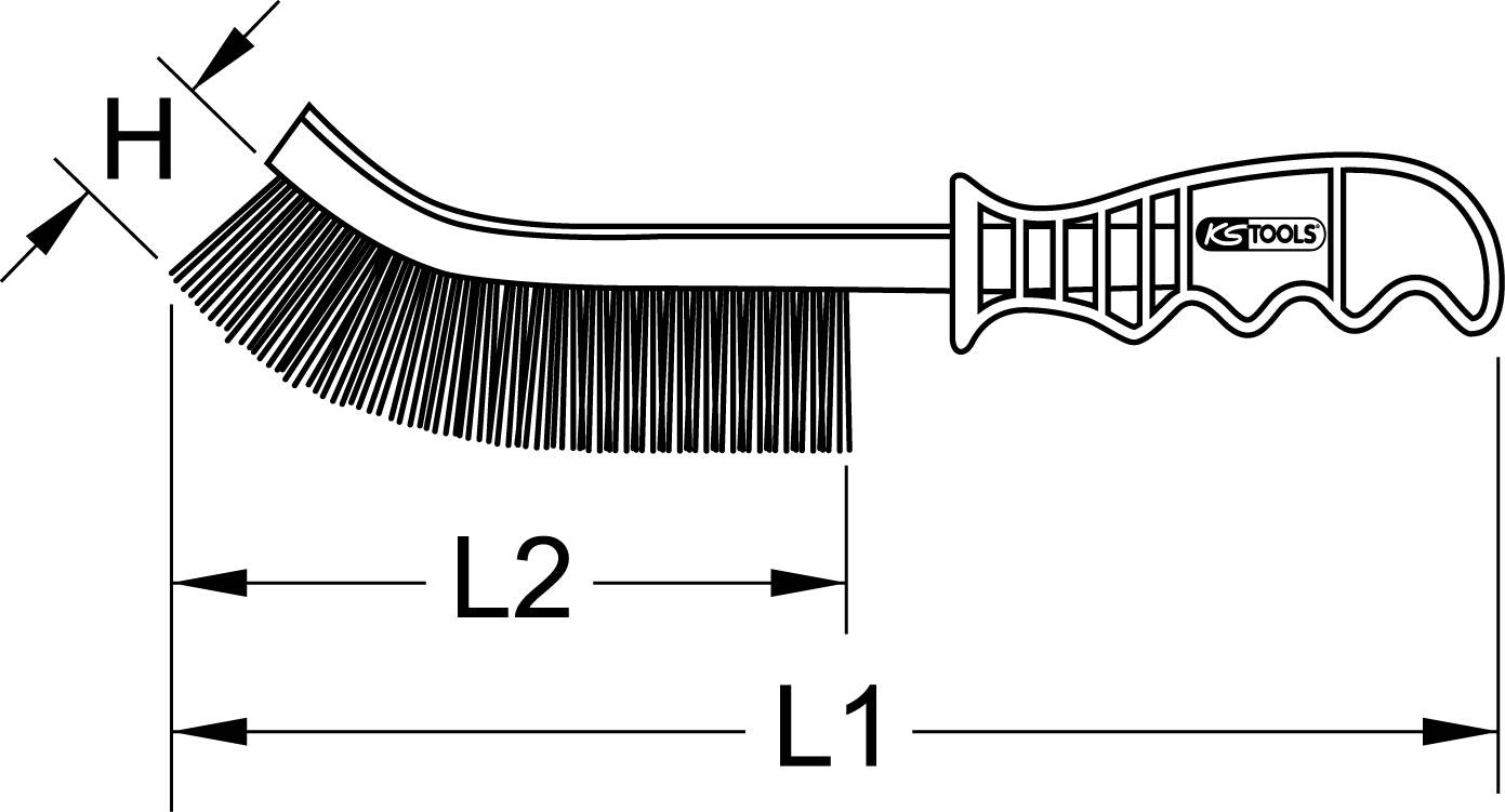A wire brush with an ergonomic handle is shown. The brush has dimensions: H, L1 and L2 to indicate its measurements.