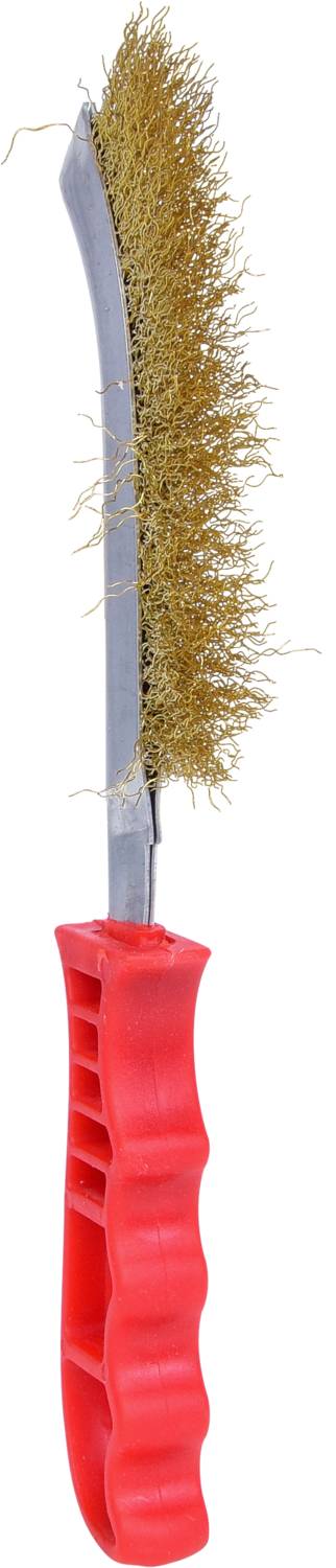 Metal brush with red plastic handle and curved bristle section. Suitable for cleaning surfaces and removing rust.