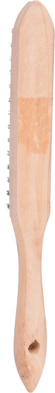 A wooden brush with a long handle and one side featuring dense metal bristles, used for cleaning surfaces or materials.