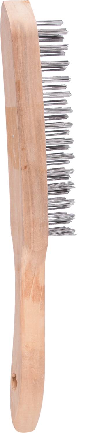 Wooden brush with metal bristles, vertically positioned. Suitable for cleaning or scrubbing surfaces.