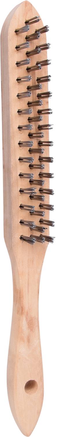 Wooden-handled brush with metal bristles in side view, used for removing dirt or rust from surfaces.