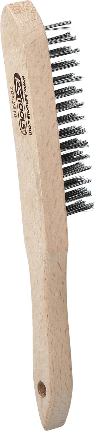 Wooden brush with wire bristles, ergonomic handle, side logo 'KS Tools'. Suitable for thorough cleaning tasks.