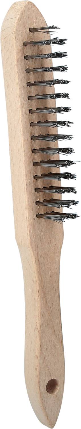 Wooden brush with black bristles, long handle and hanging hole.