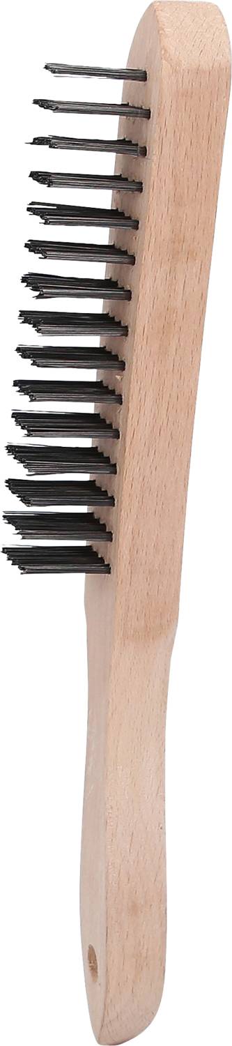 Wire brush with wooden handle and black, stiff bristles, commonly used for heavy-duty cleaning or metalwork.