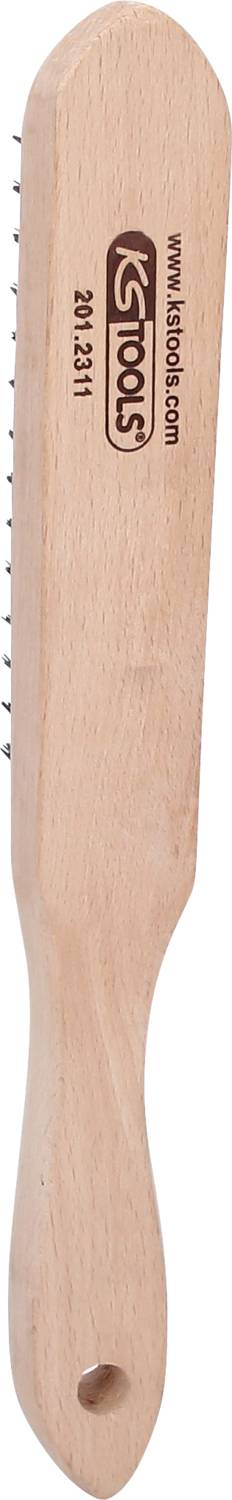 Wooden hair brush with metal bristles, suitable for cleaning tools or surfaces. Tool logo and article number on the brush.