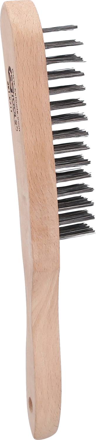 Brush with wooden handle and metal bristles, suitable for cleaning or removing rust from surfaces.