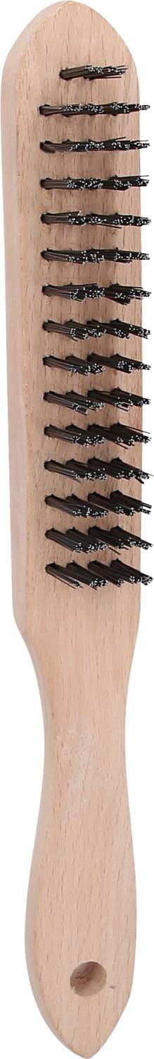 Wooden brush with a long handle and black bristles, suitable for cleaning shoes or clothing.