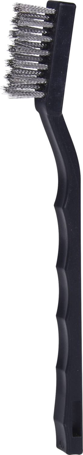 A black wire brush with a curved handle and stiff bristles. Suitable for cleaning metal surfaces or rust.