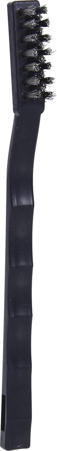 Black brush with a curved handle and black bristles, potentially suitable for cleaning hard-to-reach areas.