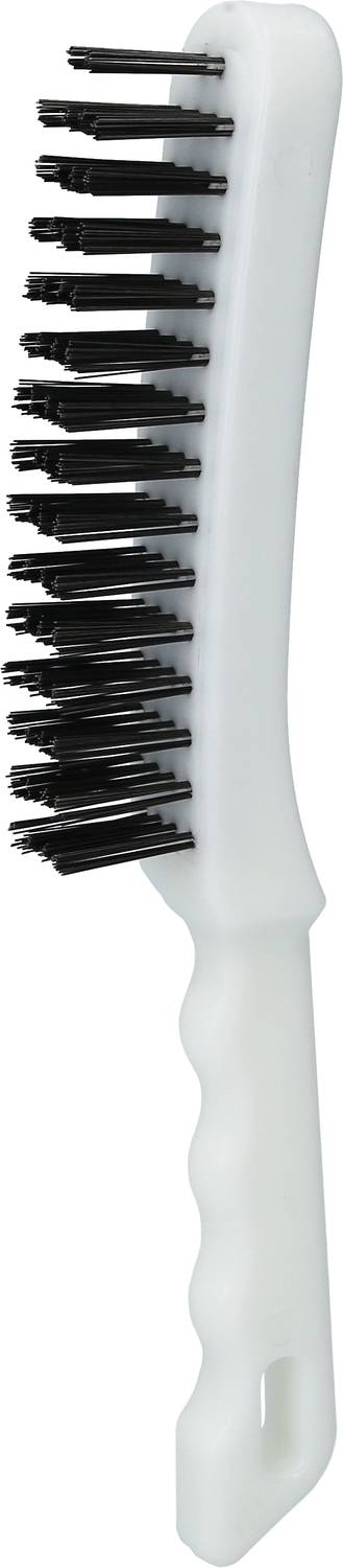 White, ergonomically shaped brush with black bristles; used for cleaning or maintenance.<br><br>Note: In this case, the translation is already quite close to British English, with no significant changes required.