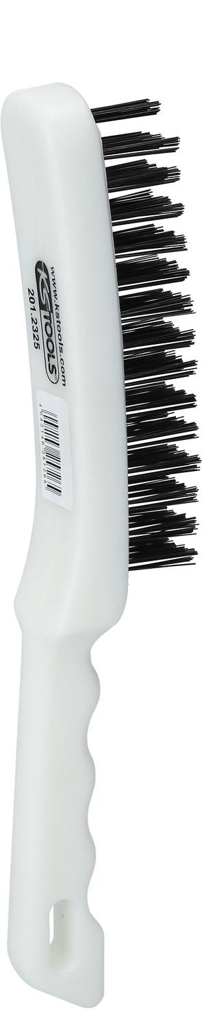 White cleaning brush with black, firm bristles and an ergonomic handle, suitable for rough surface cleaning.