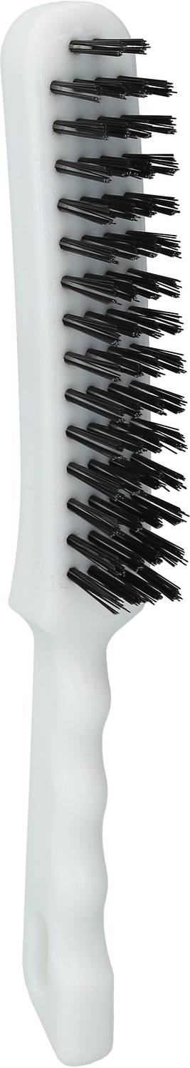 A white hairbrush with black bristles and a textured handle.