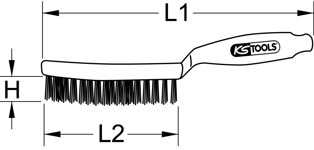 Drawing of a wire brush with dimensions L1, L2 and H, featuring the 'KS Tools' logo on the handle.