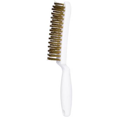 A white cleaning brush with brown bristles.