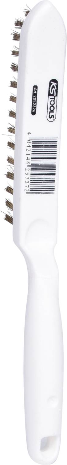 White plastic brush with barcode and handle. The bristles are metallic and arranged to appear thin beside the handle.