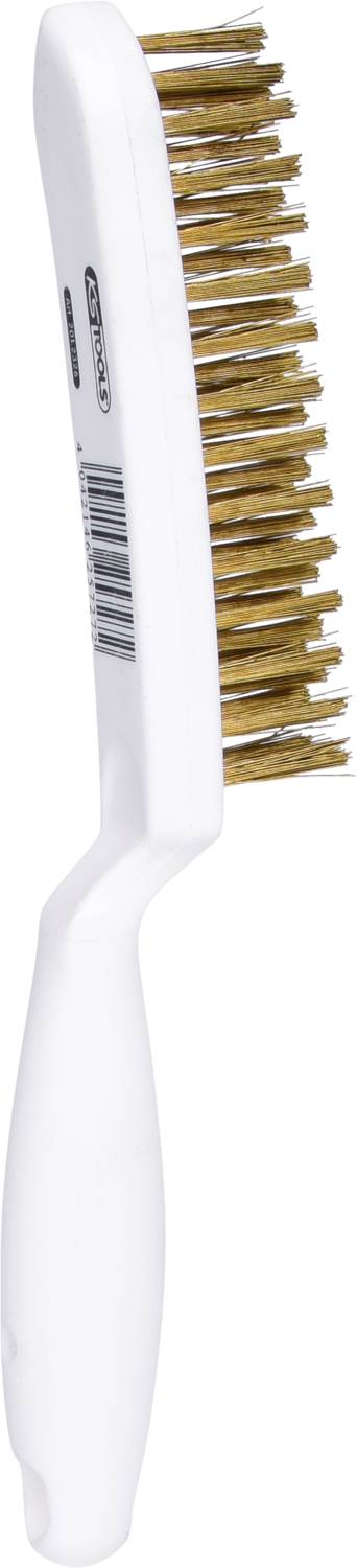 White cleaning brush with a long handle and gold-coloured bristles, suitable for cleaning surfaces or tools.