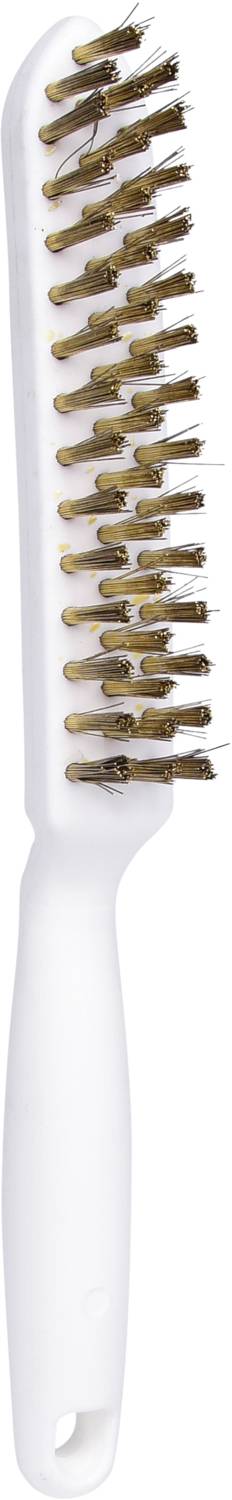 White brush with rows of bristles, pictured from the side. Suitable for cleaning or styling clothing or textiles.