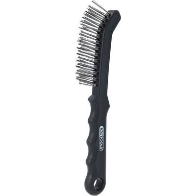 Black wire brush with long handle and metal bristles. Commonly used for cleaning or removing rust and dirt.