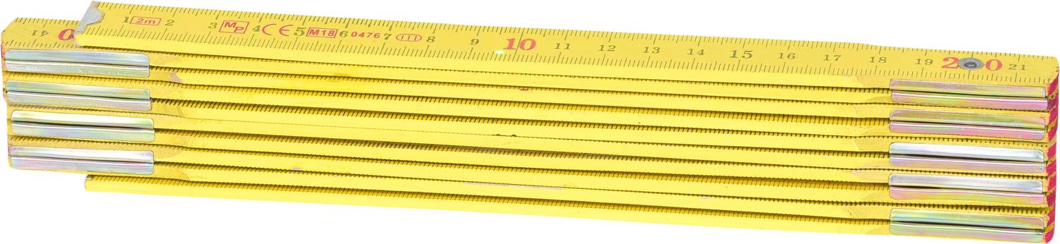 Folded yellow folding ruler with metal joints, showing scale in centimetres, used for measuring in craftwork.