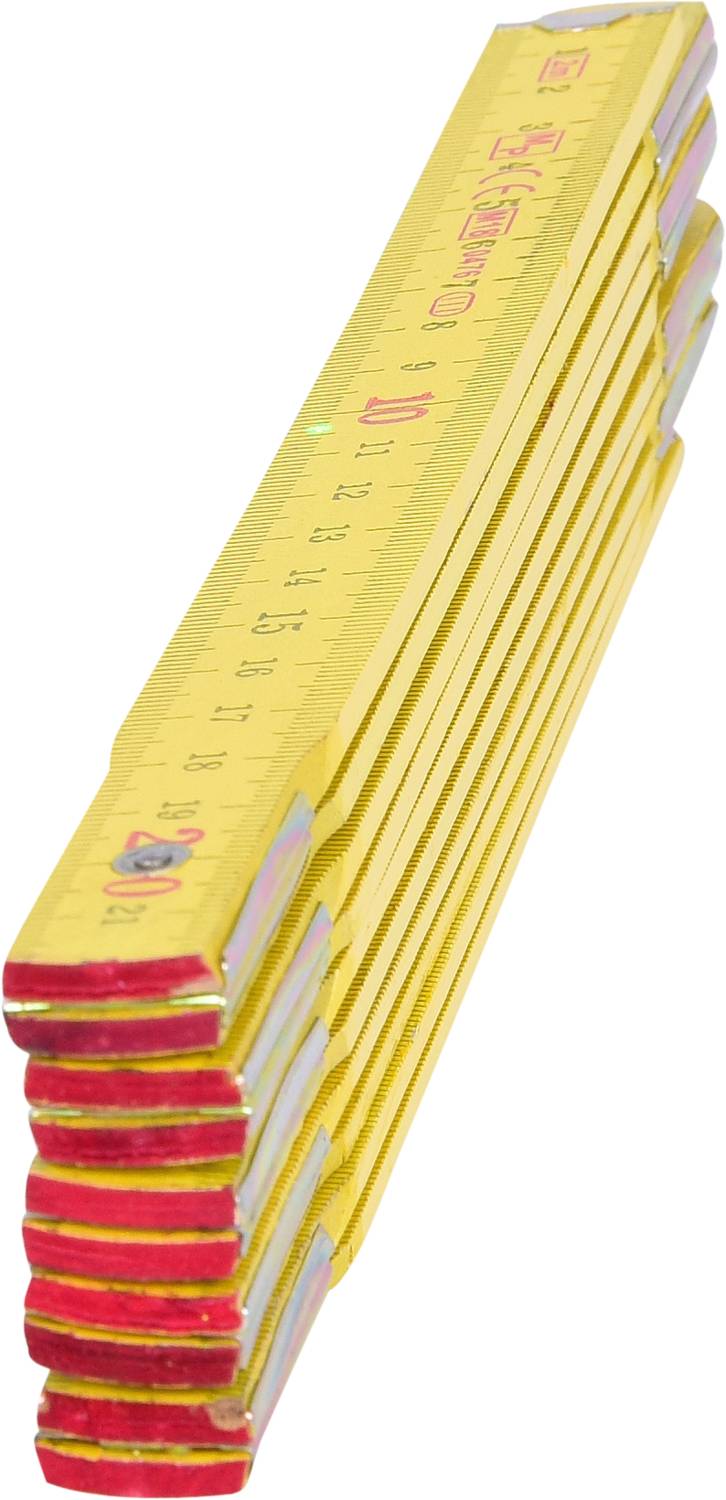 A folded yellow metre rule with red ends, standing upright. Markings and numbers are visible on the surface.