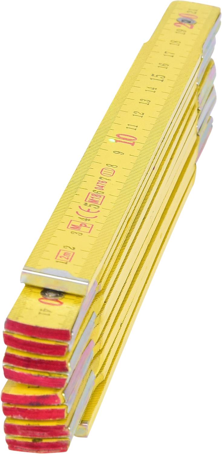 A yellow wooden folding ruler, partially extended, with red ends. Markings in centimetres and inches are visible.