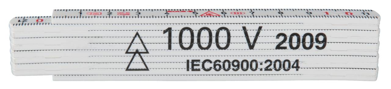 Folded white ruler with black lettering '1000 V 2009' and 'IEC60900:2004'.