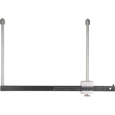Image of a mechanical measuring instrument with a scale, presumably for length measurement. Two vertical bars are attached to a horizontal rail.