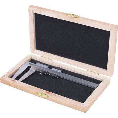 A calliper is resting in an open wooden case with black interior padding.
