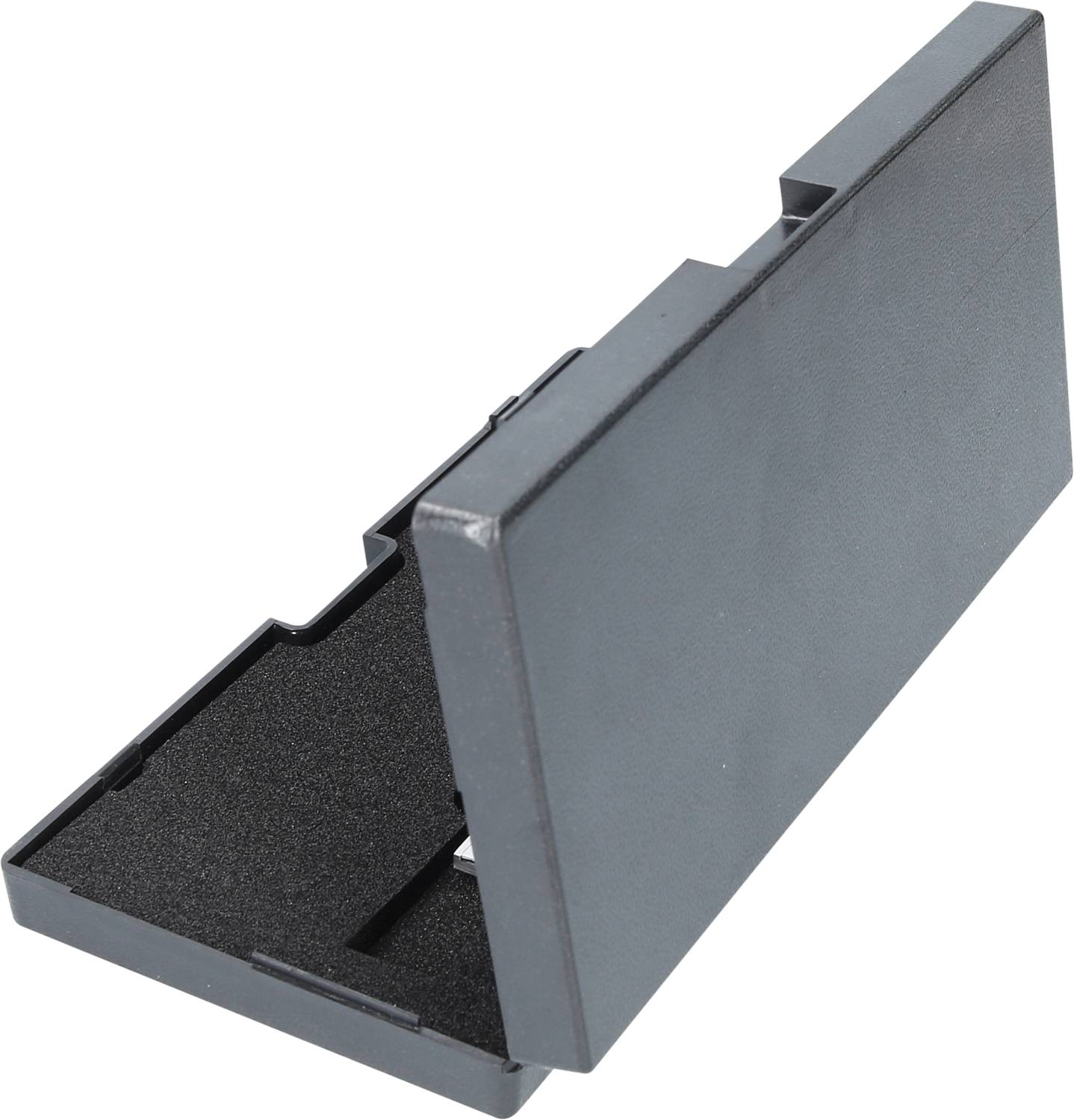 Black plastic case, slightly open, with black foam interior. Suitable for storing small items.